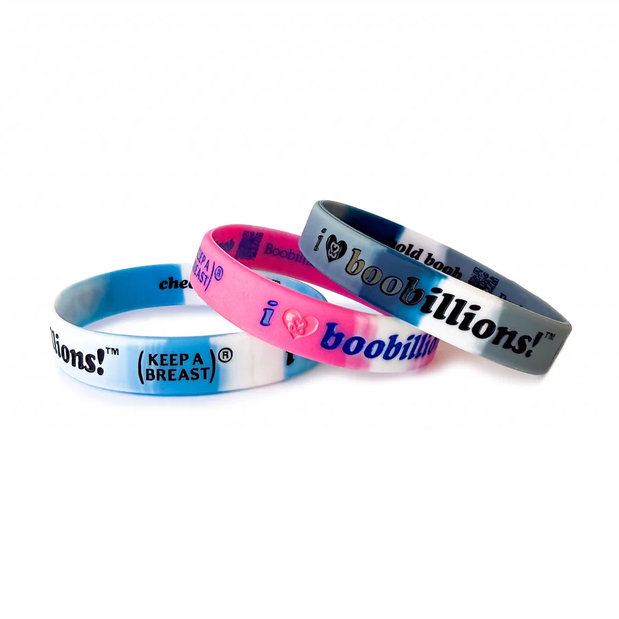 Three i love boobillions! silicone bracelets in blue, pink and grey tie-dye