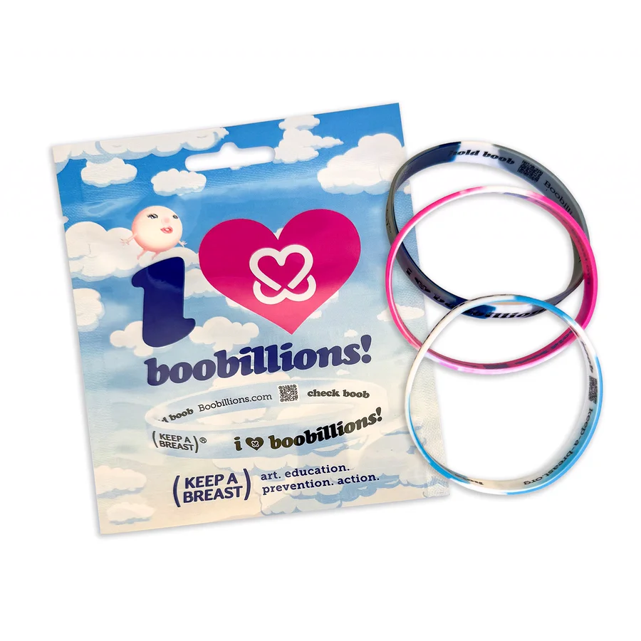 Sealed i love boobillions! blind bag pouch beside three bracelets